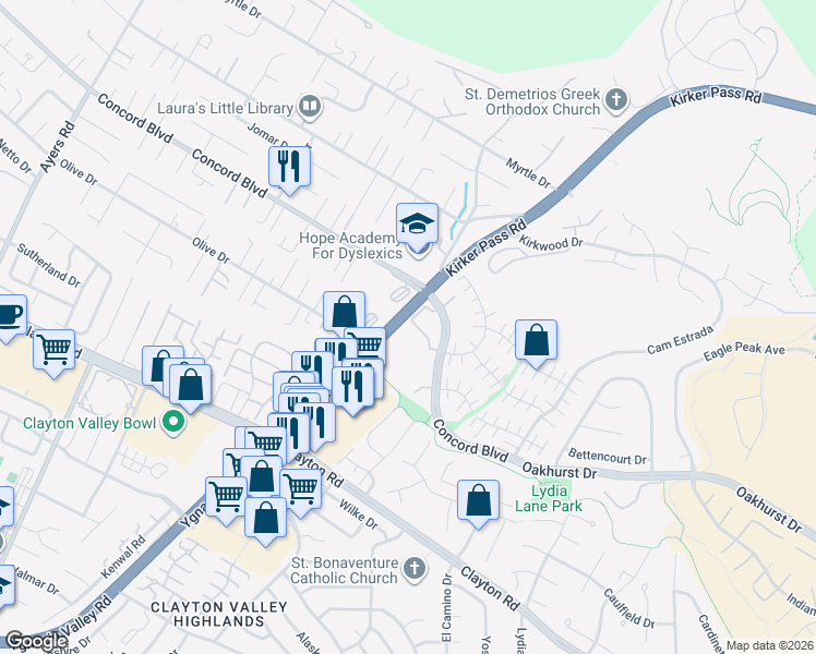 map of restaurants, bars, coffee shops, grocery stores, and more near 5450 Concord Boulevard in Concord