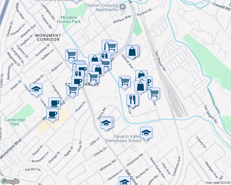 map of restaurants, bars, coffee shops, grocery stores, and more near 2055 Sierra Road in Concord