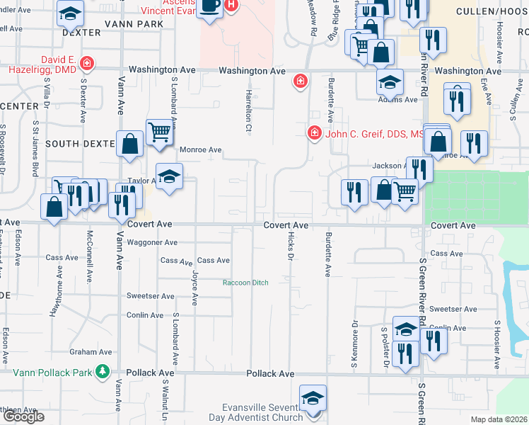 map of restaurants, bars, coffee shops, grocery stores, and more near 1463 Harrelton Drive in Evansville