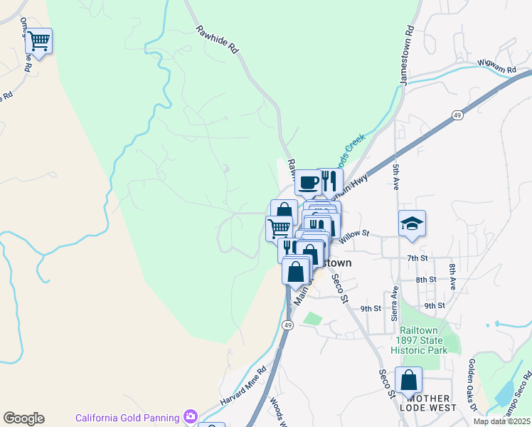 map of restaurants, bars, coffee shops, grocery stores, and more near 10148 Pulpit Rock Road in Jamestown