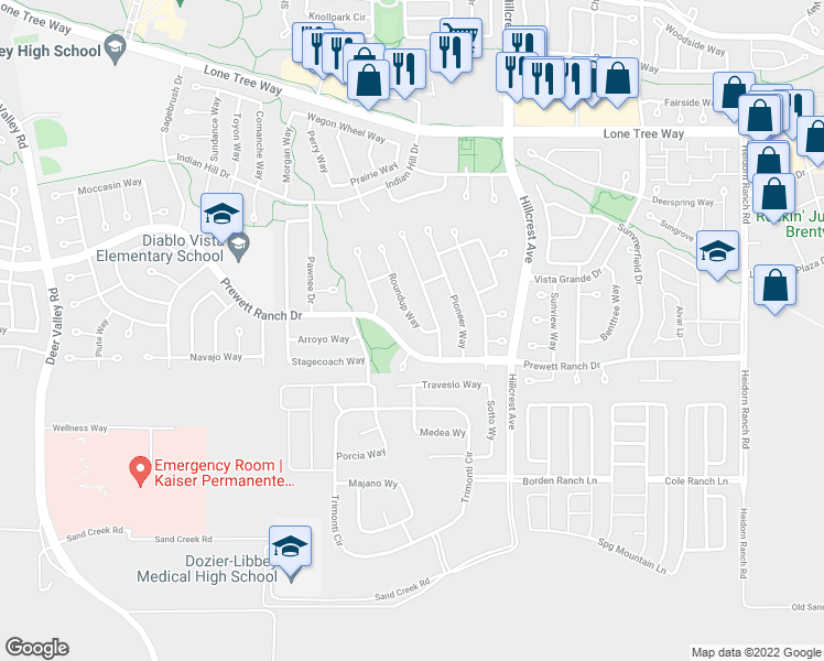 map of restaurants, bars, coffee shops, grocery stores, and more near 5218 Roundup Way in Antioch