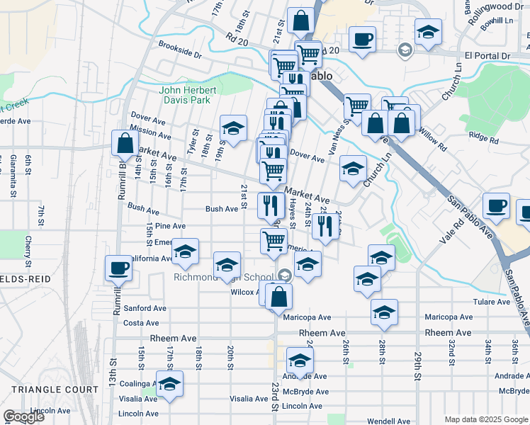 map of restaurants, bars, coffee shops, grocery stores, and more near 2210 Bush Avenue in San Pablo