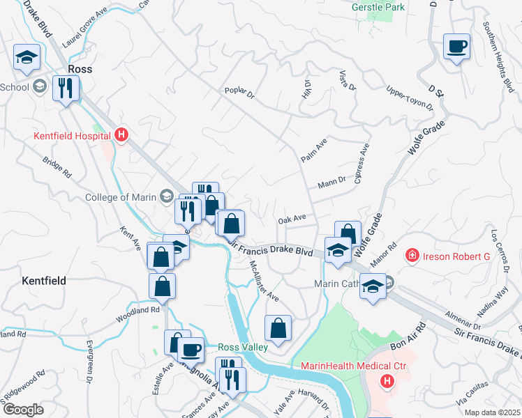 map of restaurants, bars, coffee shops, grocery stores, and more near 115 Terrace Avenue in Kentfield