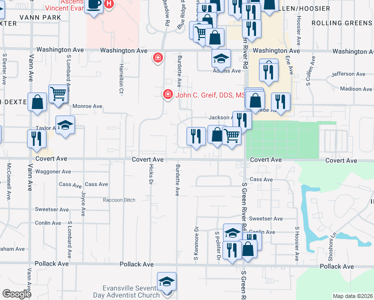 map of restaurants, bars, coffee shops, grocery stores, and more near 4355 Ravenswood Drive in Evansville