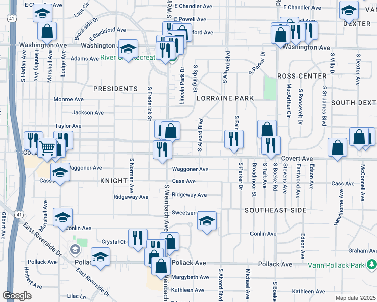 map of restaurants, bars, coffee shops, grocery stores, and more near 2030 Covert Avenue in Evansville