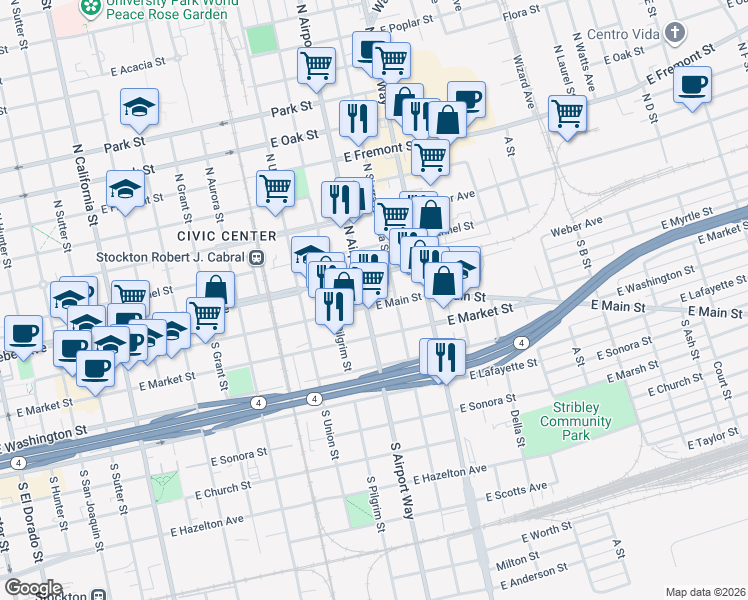 map of restaurants, bars, coffee shops, grocery stores, and more near 15 North Sierra Nevada Street in Stockton