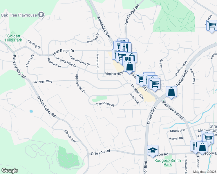 map of restaurants, bars, coffee shops, grocery stores, and more near 6802 Waverly Road in Martinez