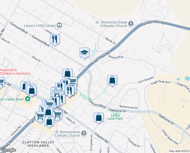 map of restaurants, bars, coffee shops, grocery stores, and more near 5425 Concord Boulevard in Concord