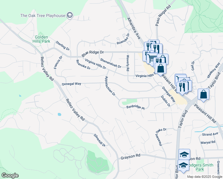 map of restaurants, bars, coffee shops, grocery stores, and more near 235 Appalachian Drive in Martinez