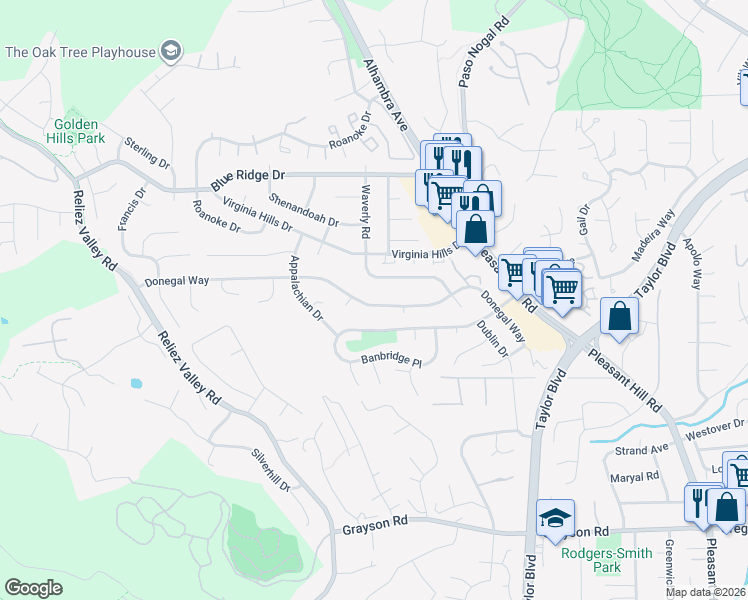 map of restaurants, bars, coffee shops, grocery stores, and more near 222 Donegal Way in Martinez