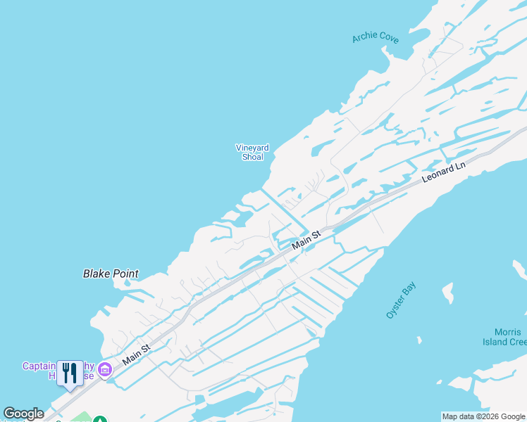 map of restaurants, bars, coffee shops, grocery stores, and more near Shady Lane in Chincoteague Island