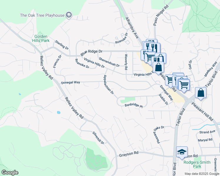 map of restaurants, bars, coffee shops, grocery stores, and more near 235 Appalachian Drive in Martinez