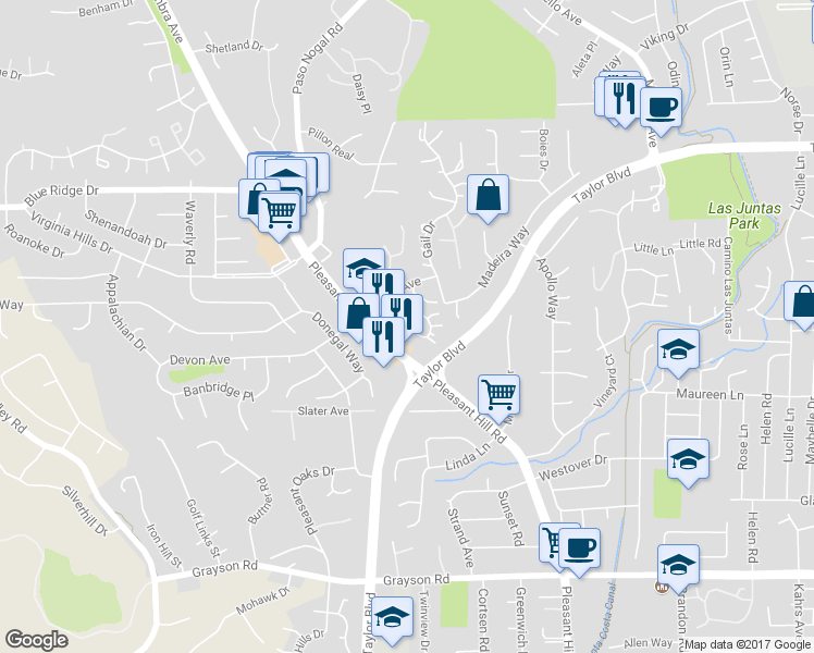 map of restaurants, bars, coffee shops, grocery stores, and more near 13 Oak Brook Place in Pleasant Hill