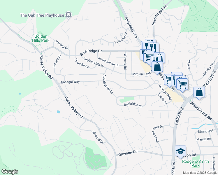 map of restaurants, bars, coffee shops, grocery stores, and more near 235 Appalachian Drive in Martinez
