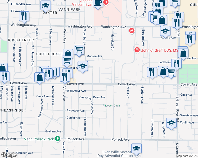 map of restaurants, bars, coffee shops, grocery stores, and more near 1543 Savannah Drive in Evansville