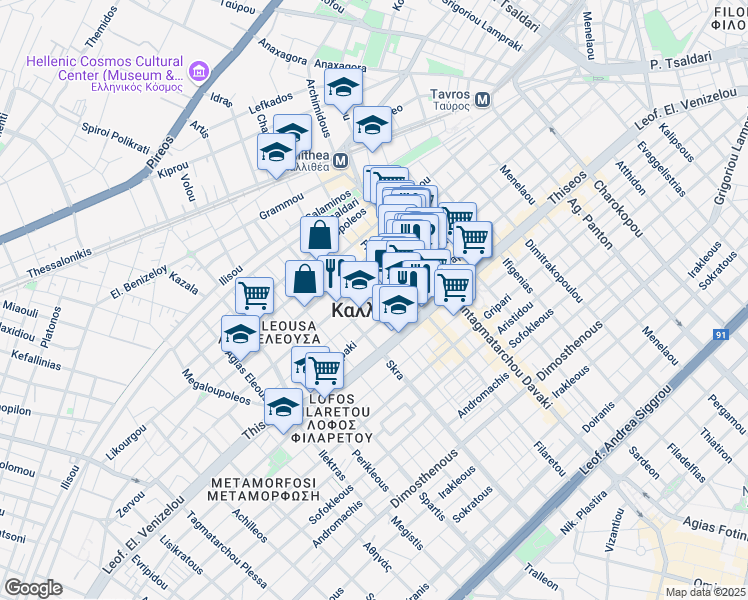 map of restaurants, bars, coffee shops, grocery stores, and more near in Kallithea