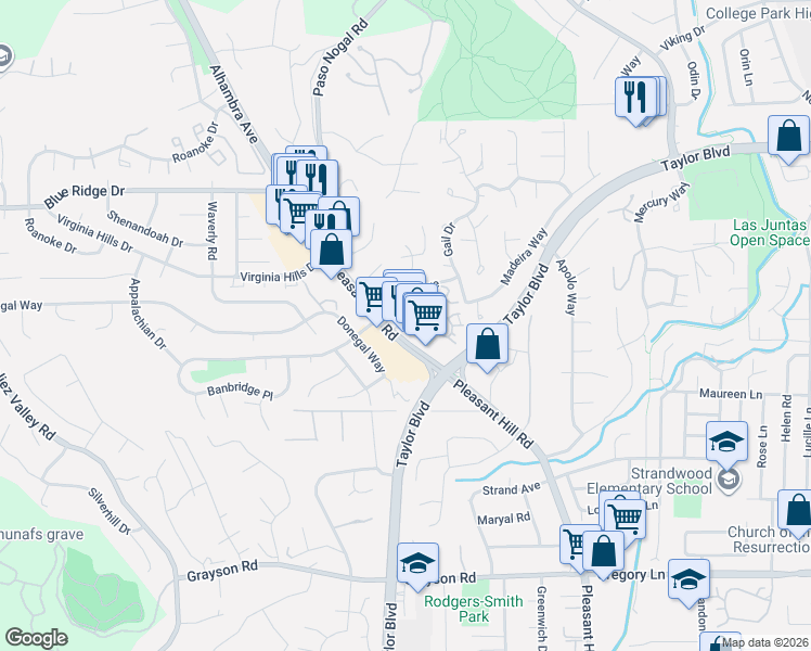 map of restaurants, bars, coffee shops, grocery stores, and more near 2642 Pleasant Hill Road in Pleasant Hill