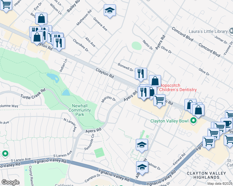 map of restaurants, bars, coffee shops, grocery stores, and more near 5050 Valley Crest Drive in Concord