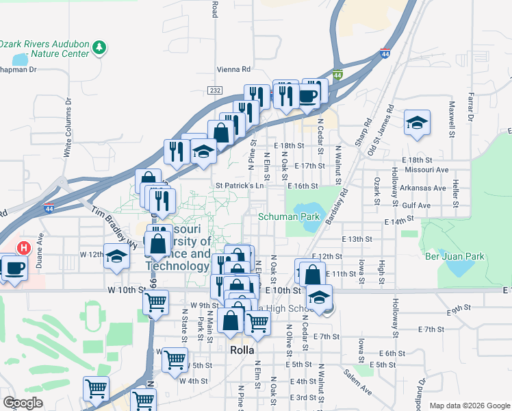 map of restaurants, bars, coffee shops, grocery stores, and more near 101 West 15th Street in Rolla