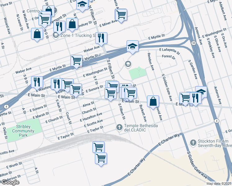 map of restaurants, bars, coffee shops, grocery stores, and more near 403 South Filbert Street in Stockton