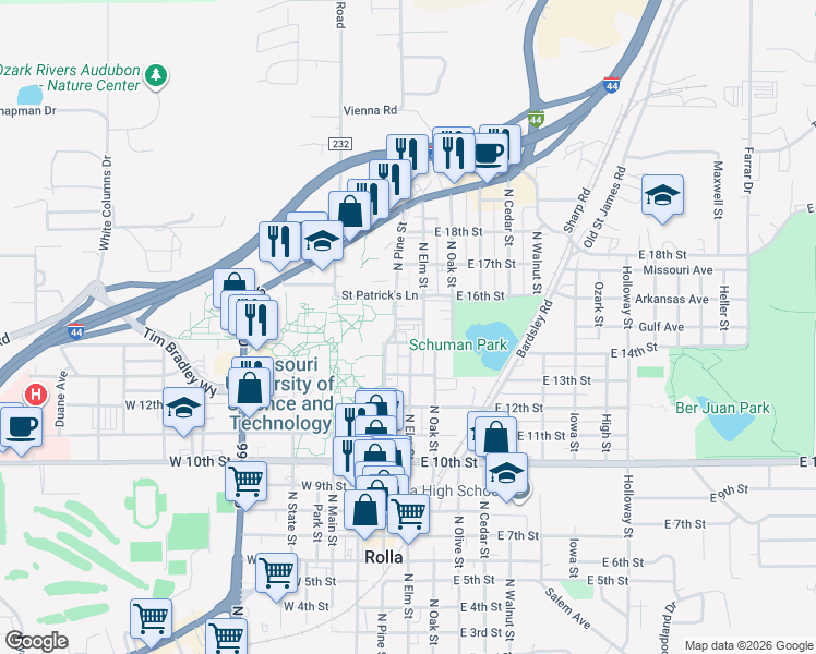 map of restaurants, bars, coffee shops, grocery stores, and more near 101 West 15th Street in Rolla