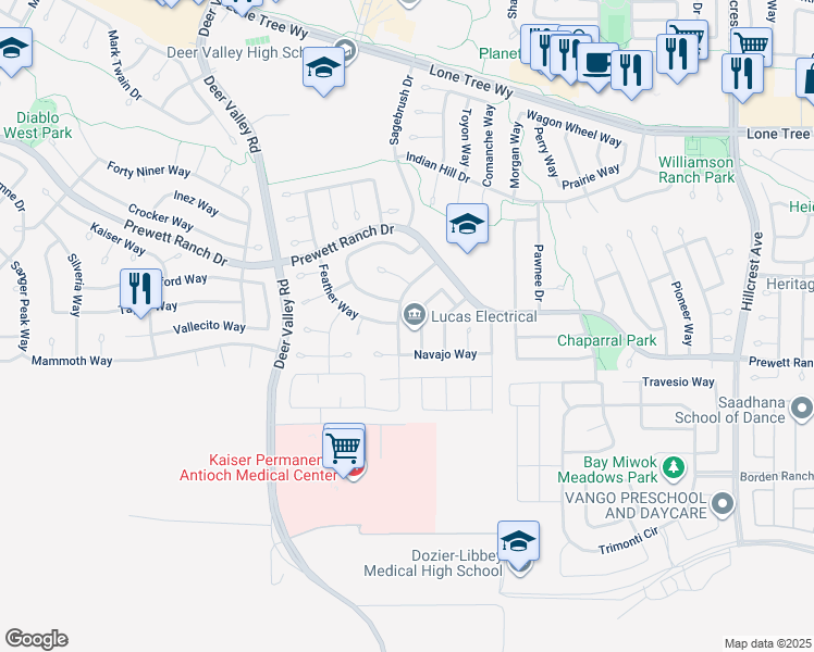map of restaurants, bars, coffee shops, grocery stores, and more near 5397 Mojave Way in Antioch