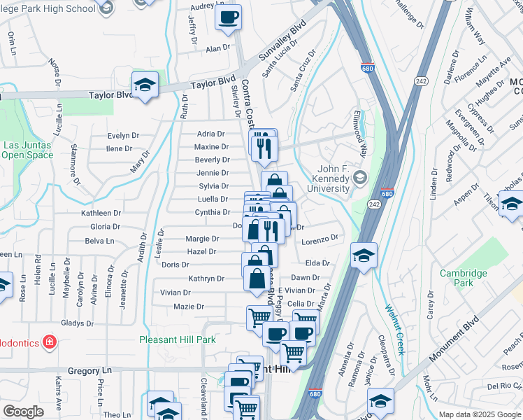 map of restaurants, bars, coffee shops, grocery stores, and more near 1791 Shirley Drive in Pleasant Hill