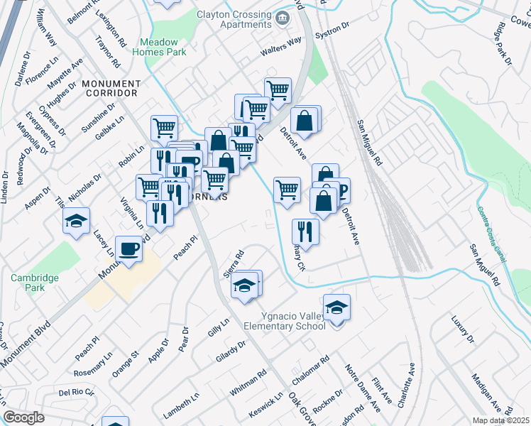 map of restaurants, bars, coffee shops, grocery stores, and more near 2055 Sierra Road in Concord
