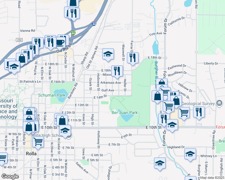 map of restaurants, bars, coffee shops, grocery stores, and more near 1502 Leroy Street in Rolla