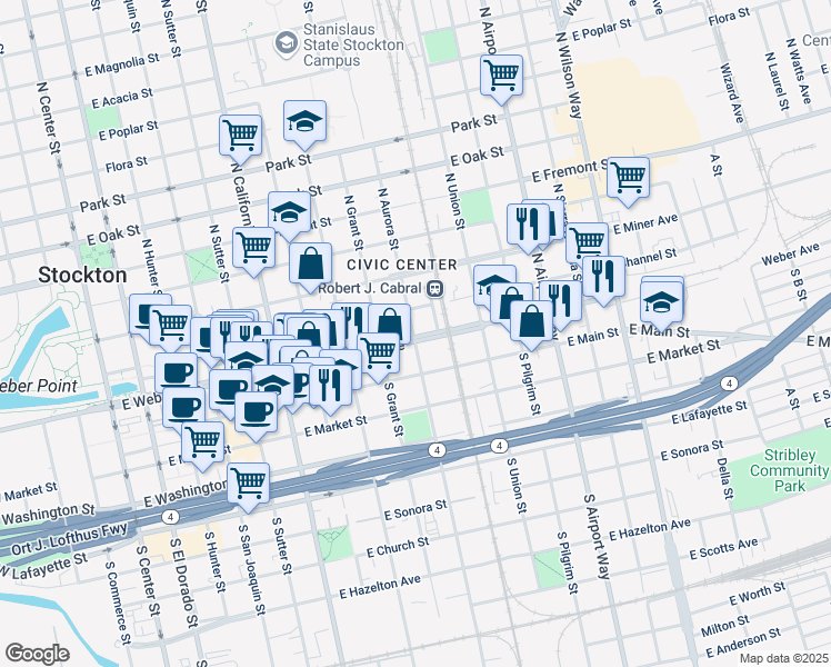 map of restaurants, bars, coffee shops, grocery stores, and more near 128 North Aurora Street in Stockton