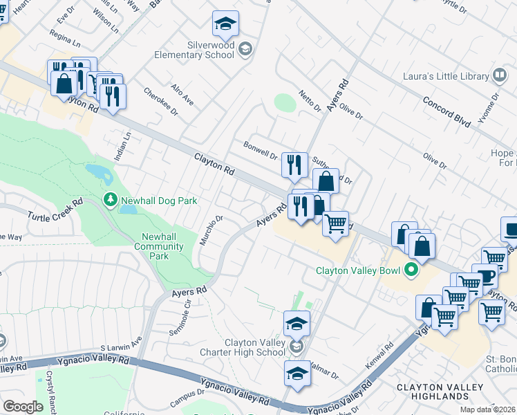 map of restaurants, bars, coffee shops, grocery stores, and more near 5075 Valley Crest Drive in Concord
