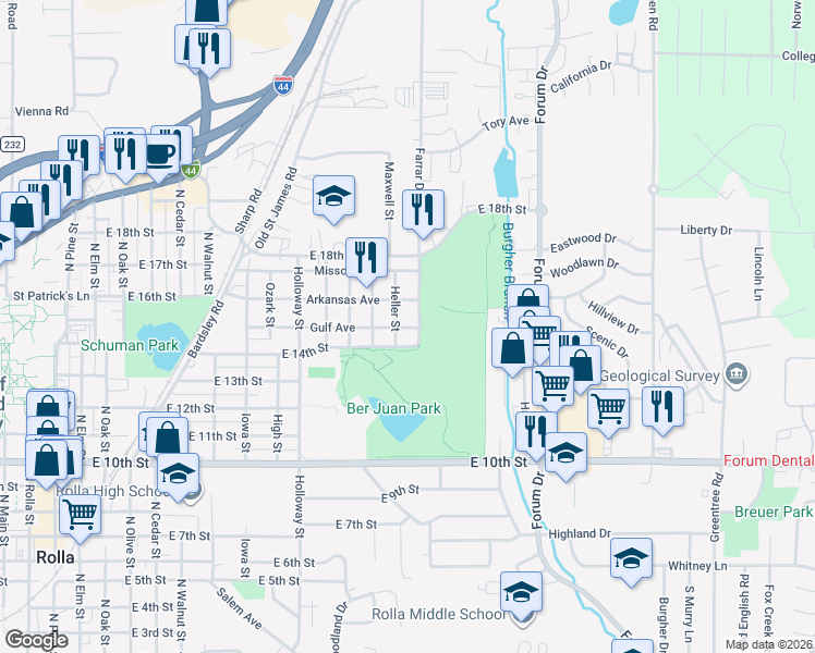 map of restaurants, bars, coffee shops, grocery stores, and more near 1504 Heller Street in Rolla