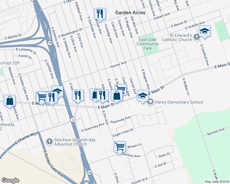 map of restaurants, bars, coffee shops, grocery stores, and more near 939 South Gertrude Avenue in Stockton