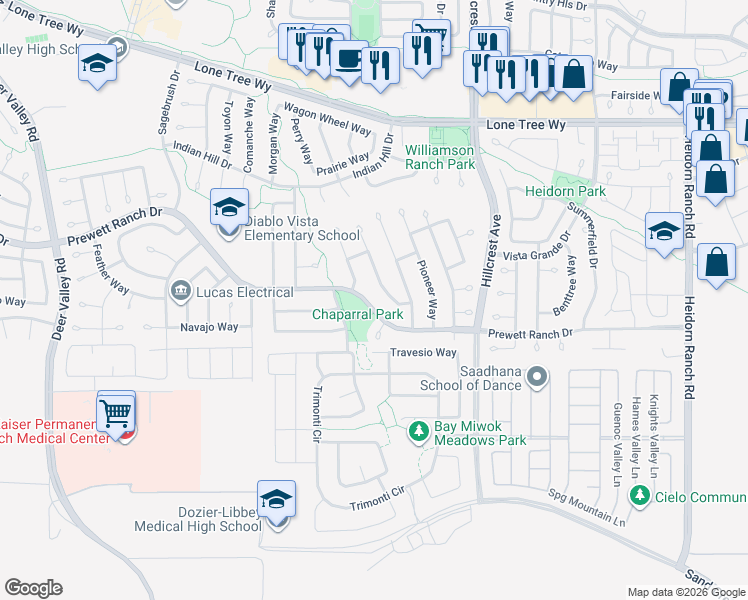 map of restaurants, bars, coffee shops, grocery stores, and more near 5206 Roundup Way in Antioch