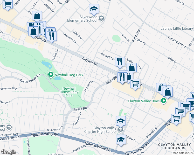 map of restaurants, bars, coffee shops, grocery stores, and more near 5030 Valley Crest Drive in Concord