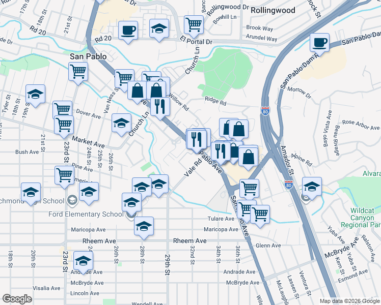 map of restaurants, bars, coffee shops, grocery stores, and more near 13561 San Pablo Avenue in San Pablo