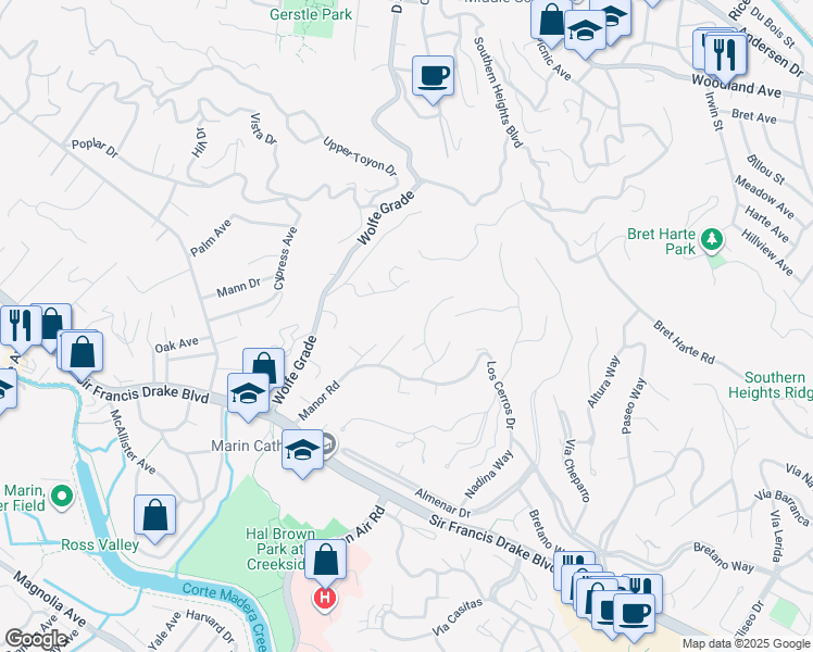map of restaurants, bars, coffee shops, grocery stores, and more near 60 Corte Alegre in Kentfield