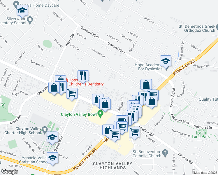 map of restaurants, bars, coffee shops, grocery stores, and more near 1548 Schenone Court in Concord