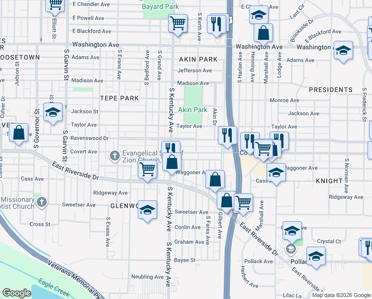 map of restaurants, bars, coffee shops, grocery stores, and more near 1551-1575 South Kerth Avenue in Evansville