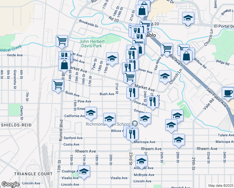 map of restaurants, bars, coffee shops, grocery stores, and more near 21st Street & Bush Avenue in San Pablo