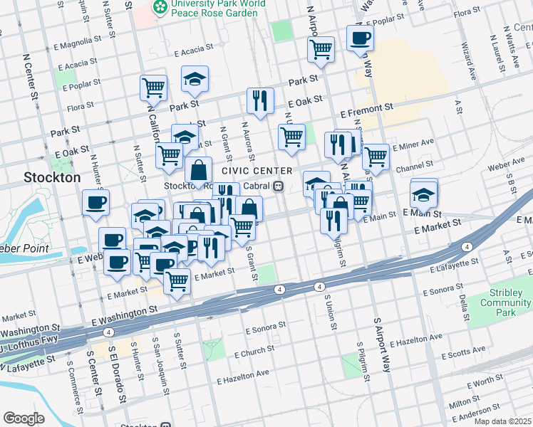 map of restaurants, bars, coffee shops, grocery stores, and more near 104 North Aurora Street in Stockton