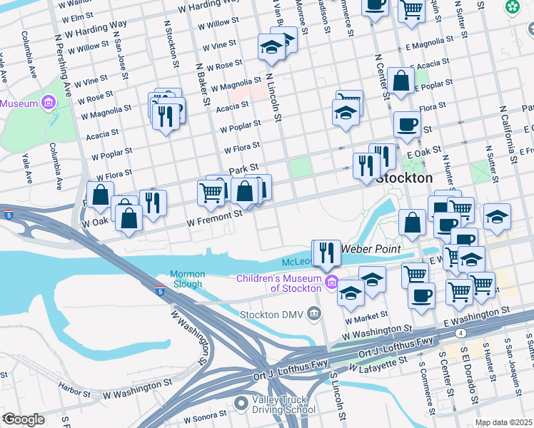 map of restaurants, bars, coffee shops, grocery stores, and more near 435 West Fremont Street in Stockton