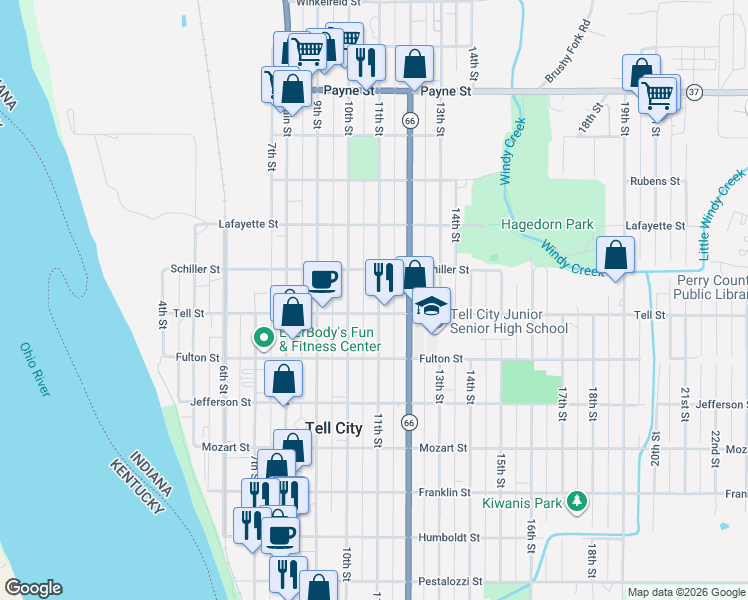 map of restaurants, bars, coffee shops, grocery stores, and more near 1011 11th Street in Tell City