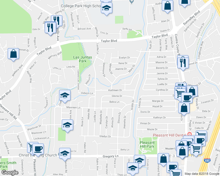 map of restaurants, bars, coffee shops, grocery stores, and more near 1836 Roche Drive in Pleasant Hill
