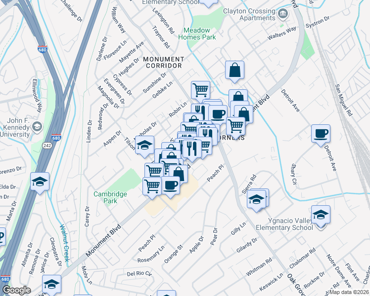 map of restaurants, bars, coffee shops, grocery stores, and more near 1751 Monument Boulevard in Concord