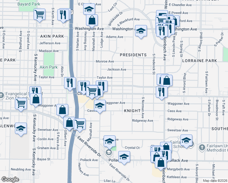 map of restaurants, bars, coffee shops, grocery stores, and more near 1552-1598 South Bennighof Avenue in Evansville