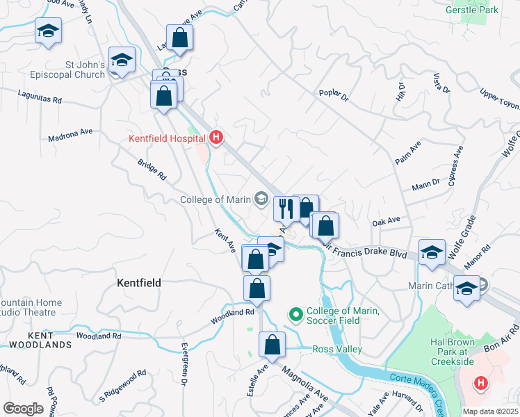 map of restaurants, bars, coffee shops, grocery stores, and more near 835 College Avenue in Kentfield