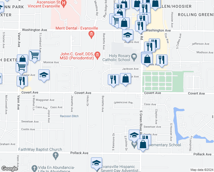 map of restaurants, bars, coffee shops, grocery stores, and more near 4356 Ravenswood Drive in Evansville