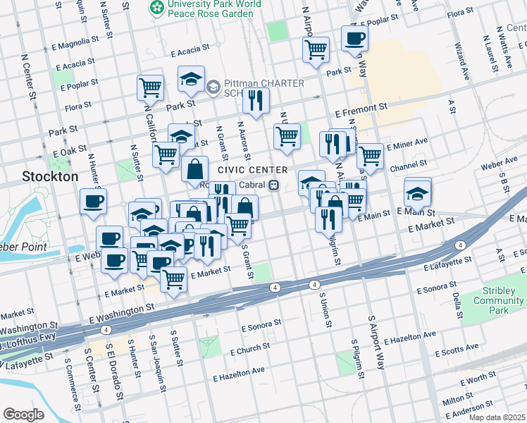 map of restaurants, bars, coffee shops, grocery stores, and more near 128 North Aurora Street in Stockton