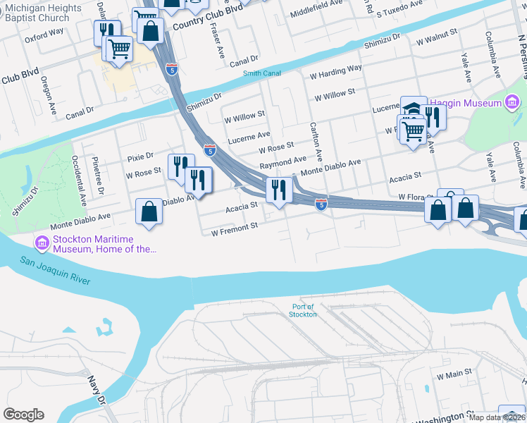 map of restaurants, bars, coffee shops, grocery stores, and more near 842 King Avenue in Stockton
